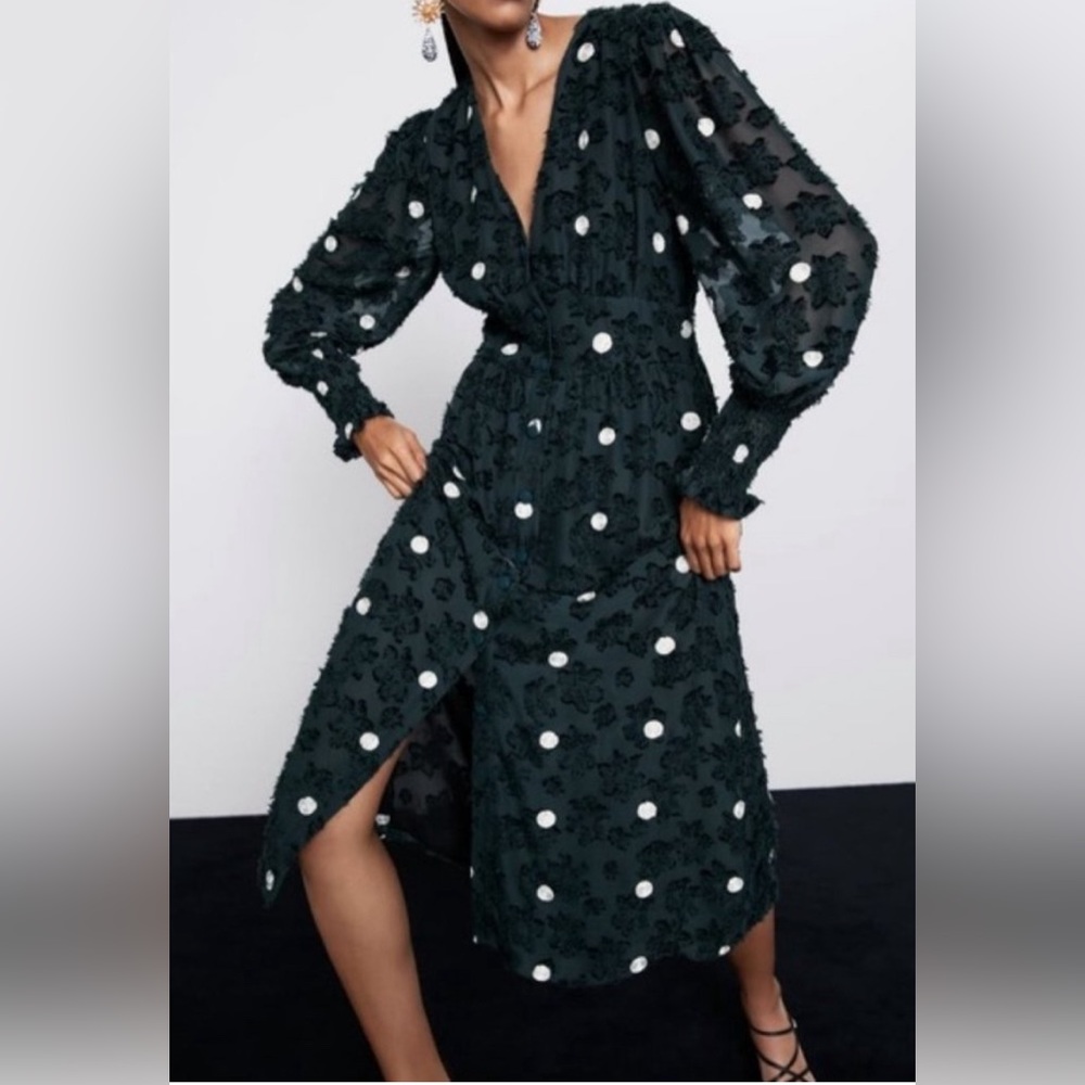 ZARA Pine Green Polka Dot Textured Long Sleeve Midi Dress